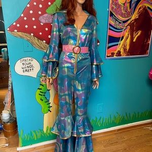 1970s cotton candy holographic flare jumpsuit